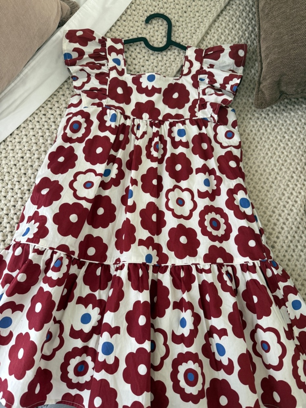 Girls' Burgundy Floral Ruffle-Sleeve Dress in White